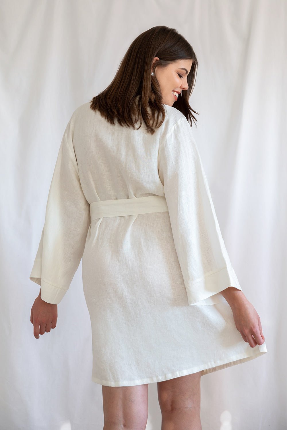 White 100% linen bridal robe in organic cotton - designed in NZ